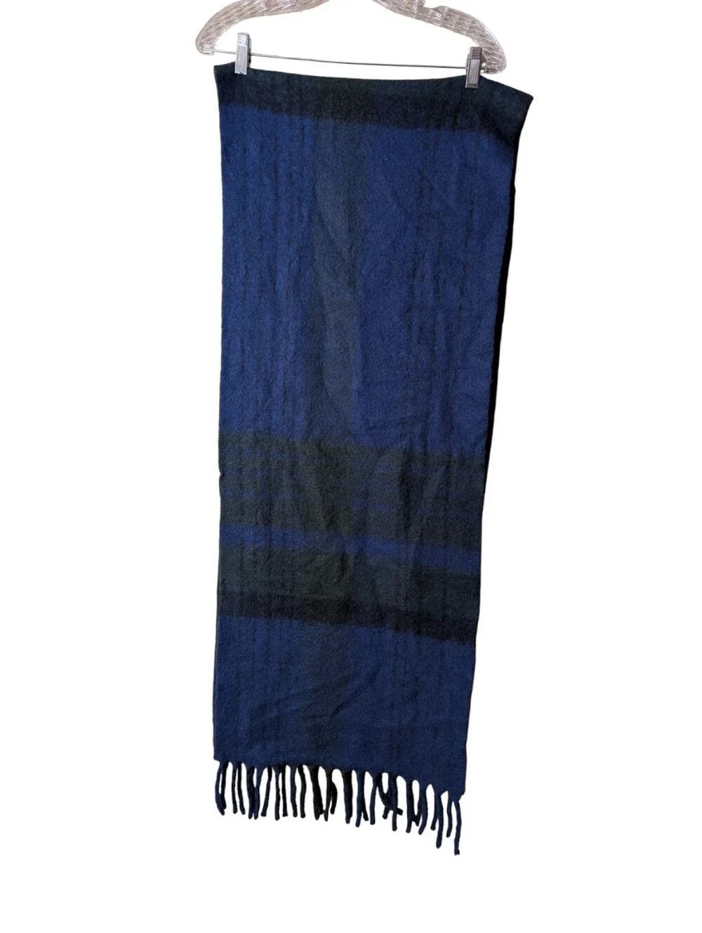 Uniqlo blue tartan plaid scarf soft fringe unisex cozy blanket wrap wool silk